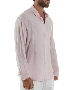 Camicia Collo Francese Lino Slim Fit Basic Rosa C3036A