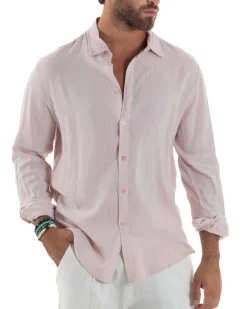 Camicia Collo Francese Lino Slim Fit Basic Rosa C3036A