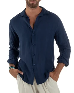 Camicia Collo Francese Lino Slim Fit Basic Blu C3035A