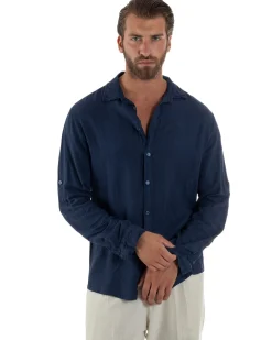 Camicia Collo Francese Lino Slim Fit Basic Blu C3035A