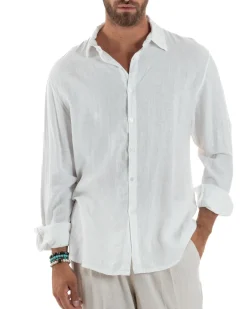 Camicia Collo Francese Lino Slim Fit Basic Bianco C3032A