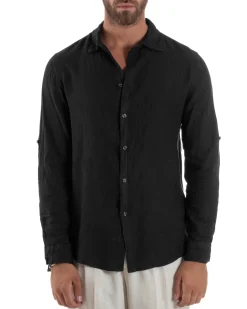 Camicia Collo Francese Lino Slim Fit Basic Nero C3031A