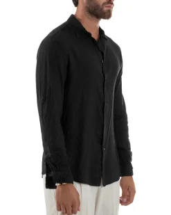 Camicia Collo Francese Lino Slim Fit Basic Nero C3031A