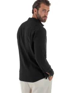 Camicia Collo Francese Lino Slim Fit Basic Nero C3031A