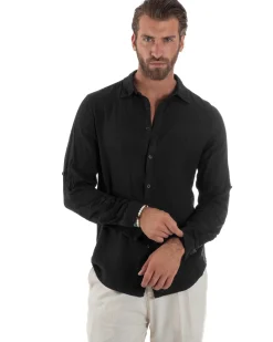 Camicia Collo Francese Lino Slim Fit Basic Nero C3031A