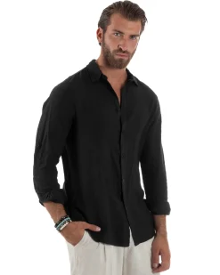 Camicia Collo Francese Lino Slim Fit Basic Nero C3031A