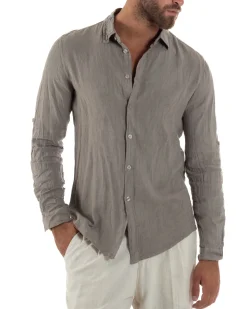 Camicia Collo Francese Lino Slim Fit Basic Fango C3034A