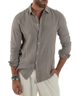 Camicia Collo Francese Lino Slim Fit Basic Fango C3034A