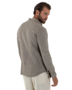 Camicia Collo Francese Lino Slim Fit Basic Fango C3034A