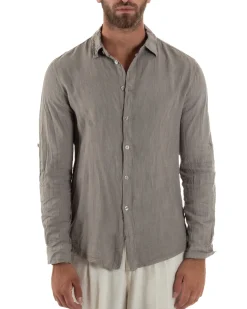 Camicia Collo Francese Lino Slim Fit Basic Fango C3034A