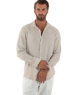 Camicia Collo Francese Lino Slim Fit Basic Beige C3038A
