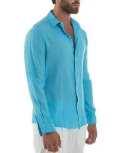 Camicia Collo Francese Lino Slim Fit Basic Turchese C3039A