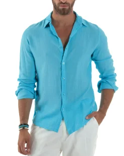 Camicia Collo Francese Lino Slim Fit Basic Turchese C3039A