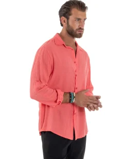 Camicia Collo Francese Lino Slim Fit Basic Corallo C3028A
