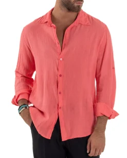 Camicia Collo Francese Lino Slim Fit Basic Corallo C3028A