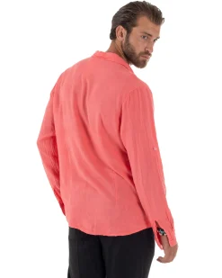 Camicia Collo Francese Lino Slim Fit Basic Corallo C3028A