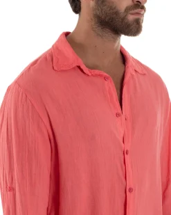 Camicia Collo Francese Lino Slim Fit Basic Corallo C3028A