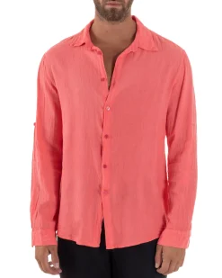 Camicia Collo Francese Lino Slim Fit Basic Corallo C3028A