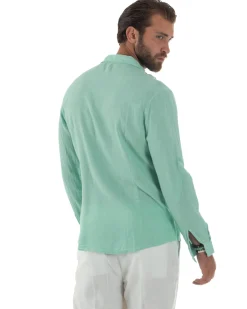 Camicia Collo Francese Lino Slim Fit Basic Verde Acqua C3037A