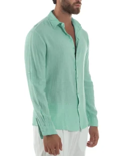 Camicia Collo Francese Lino Slim Fit Basic Verde Acqua C3037A
