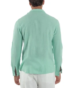 Camicia Collo Francese Lino Slim Fit Basic Verde Acqua C3037A