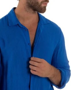 Camicia Collo Francese Lino Slim Fit Basic Blu Royal C3030A