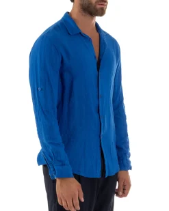 Camicia Collo Francese Lino Slim Fit Basic Blu Royal C3030A