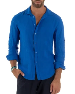 Camicia Collo Francese Lino Slim Fit Basic Blu Royal C3030A