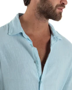 Camicia Collo Francese Lino Slim Fit Basic Celeste C3026A