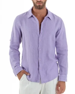 Camicia Collo Francese Lino Slim Fit Basic Lilla C3040A