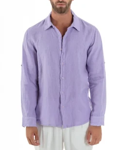 Camicia Collo Francese Lino Slim Fit Basic Lilla C3040A