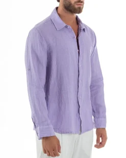 Camicia Collo Francese Lino Slim Fit Basic Lilla C3040A
