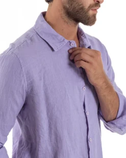 Camicia Collo Francese Lino Slim Fit Basic Lilla C3040A