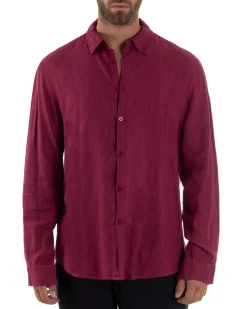 Camicia Collo Francese Lino Slim Fit Basic Bordeaux C3027A