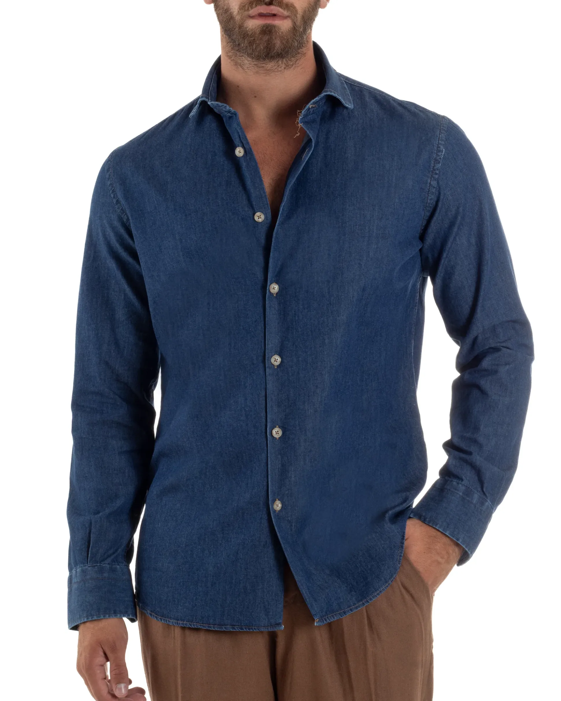 Camicia Jeans Collo Francese Cotone Denim Scuro C3013A
