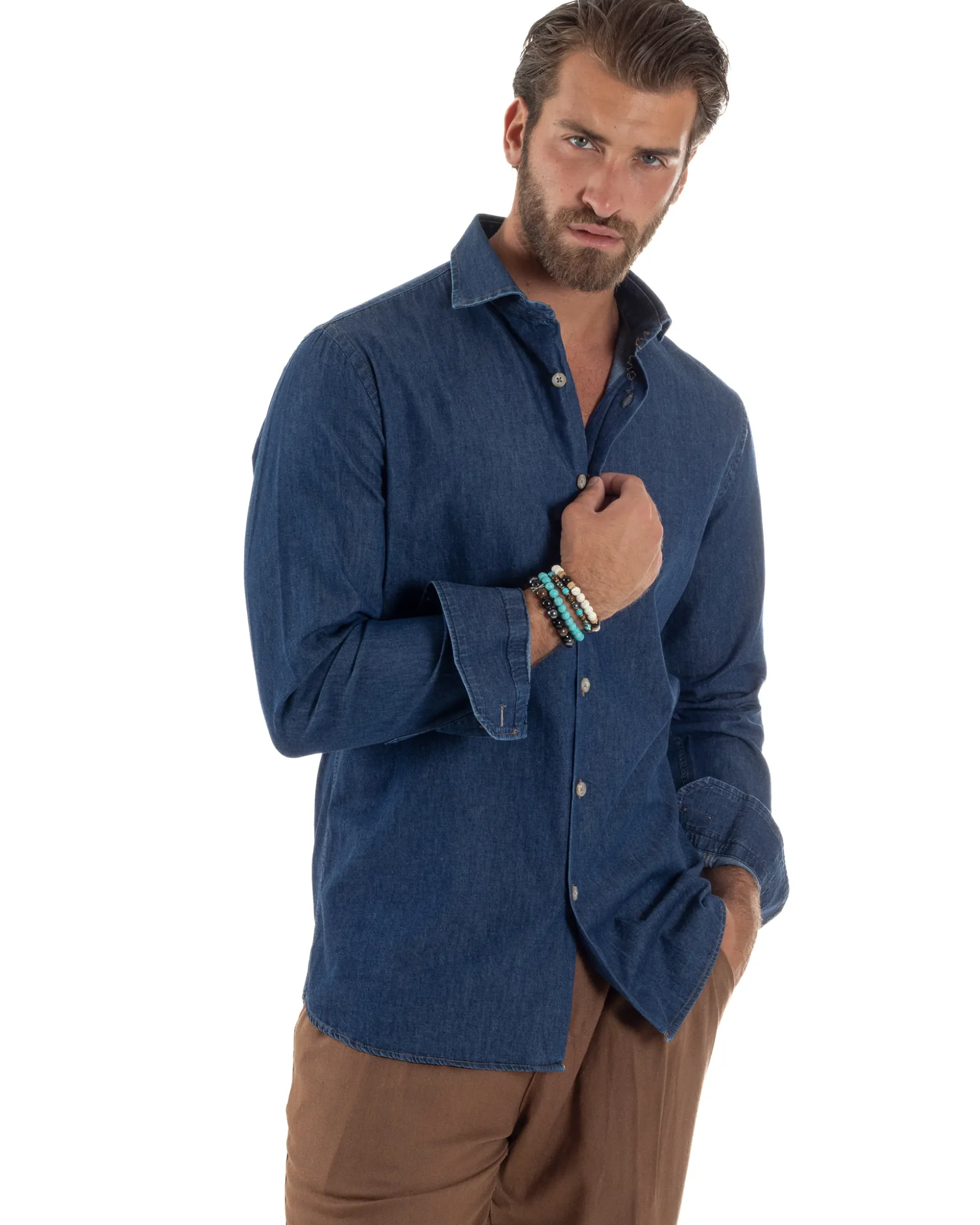 Camicia Jeans Collo Francese Cotone Denim Scuro C3013A