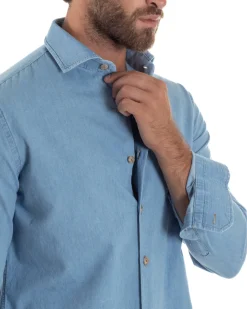 Camicia Jeans Collo Francese Cotone Denim Chiaro C3014A
