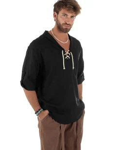 Camicia lino casacca maniche 3/4 scollo lacci nero GIOSAL-C2995A