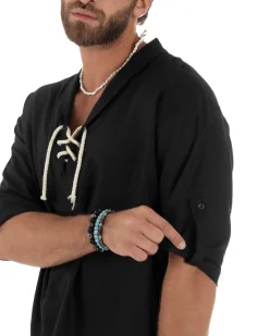 Camicia lino casacca maniche 3/4 scollo lacci nero GIOSAL-C2995A