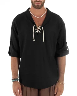 Camicia lino casacca maniche 3/4 scollo lacci nero GIOSAL-C2995A