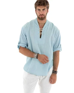 Camicia lino casacca maniche 3/4 scollo lacci celeste GIOSAL-C2833A