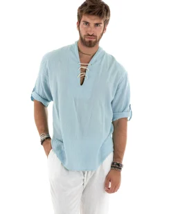 Camicia lino casacca maniche 3/4 scollo lacci celeste GIOSAL-C2833A