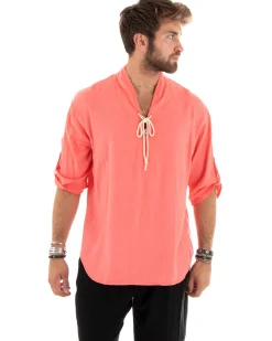 Camicia lino casacca maniche 3/4 scollo lacci corallo GIOSAL-C2739A