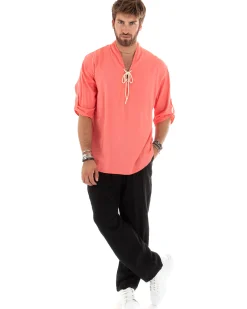 Camicia lino casacca maniche 3/4 scollo lacci corallo GIOSAL-C2739A