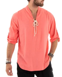 Camicia lino casacca maniche 3/4 scollo lacci corallo GIOSAL-C2739A