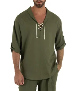 Camicia lino casacca maniche 3/4 scollo lacci verde GIOSAL-C3093A