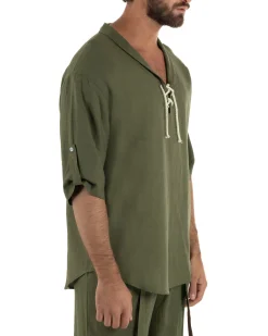 Camicia lino casacca maniche 3/4 scollo lacci verde GIOSAL-C3093A