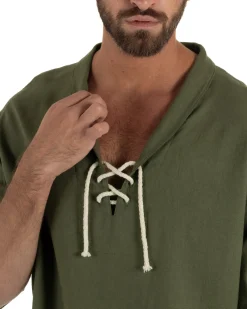 Camicia lino casacca maniche 3/4 scollo lacci verde GIOSAL-C3093A