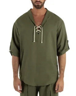 Camicia lino casacca maniche 3/4 scollo lacci verde GIOSAL-C3093A