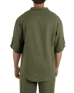 Camicia lino casacca maniche 3/4 scollo lacci verde GIOSAL-C3093A